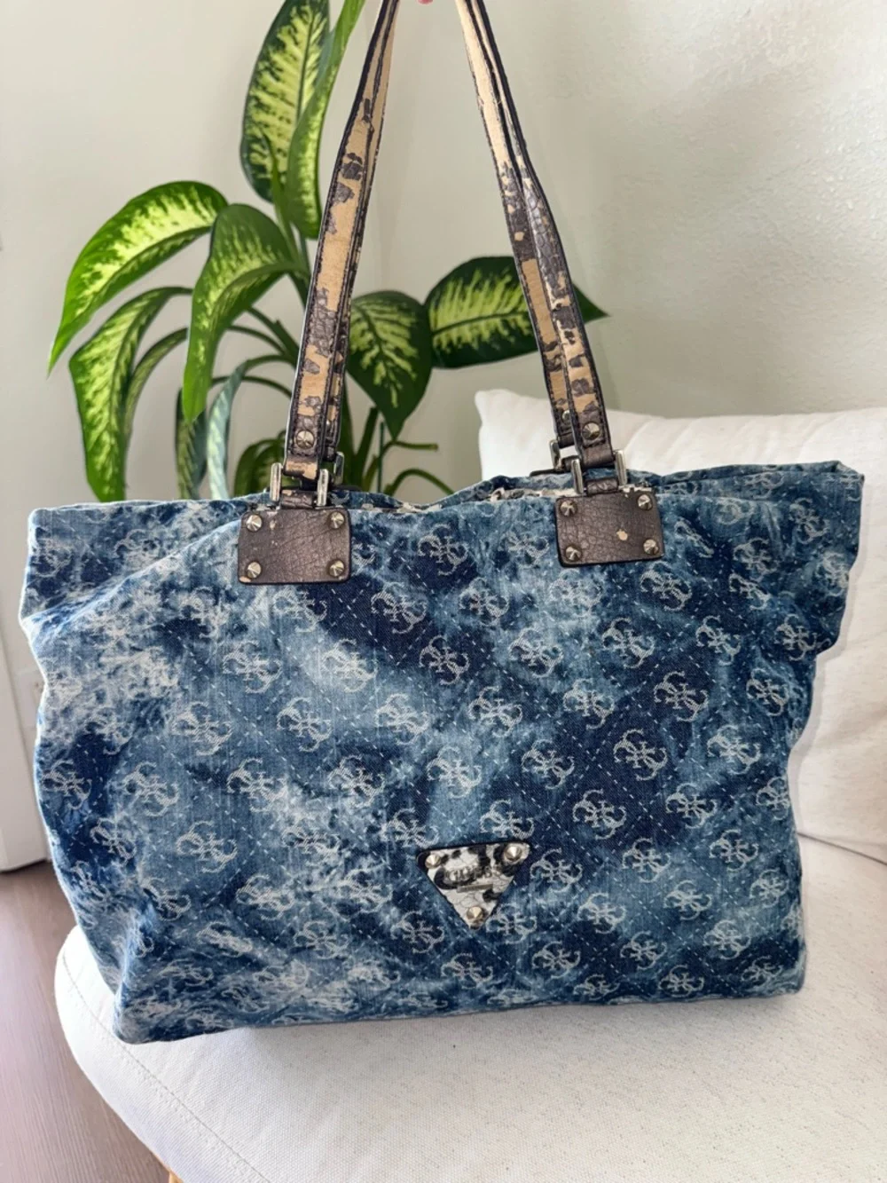 Vintage GUESS Blue Denim Logo Print Large Monogram Y2K Tote Shoulder Bag-READ